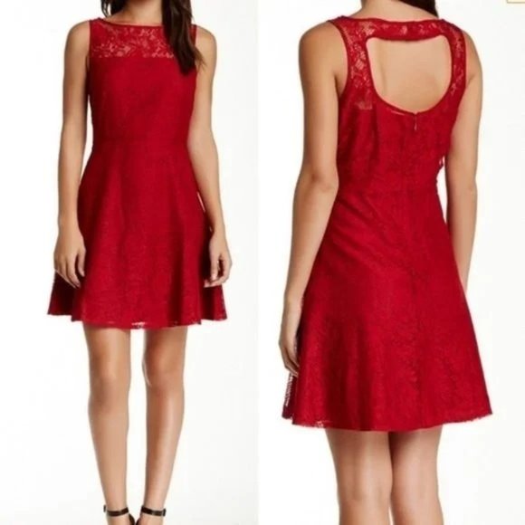 BB Dakota Women Floral Lace Fit Flare Overlay Dress NRBE38935 Back Hole Red SZ 6 - Picture 1 of 9
